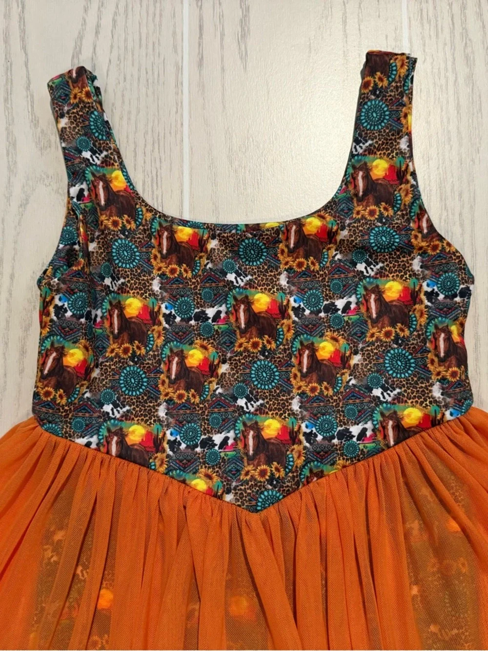 Boutique‎ Girls 6-7T Western Horse Sunflower Mesh Dress Built In Shorts NWOT